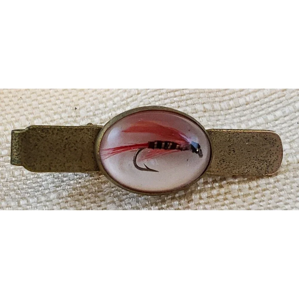 Vintage Unsigned Fly-Fishing Gold Tone Metal Tie Bar and Cufflinks Original Box